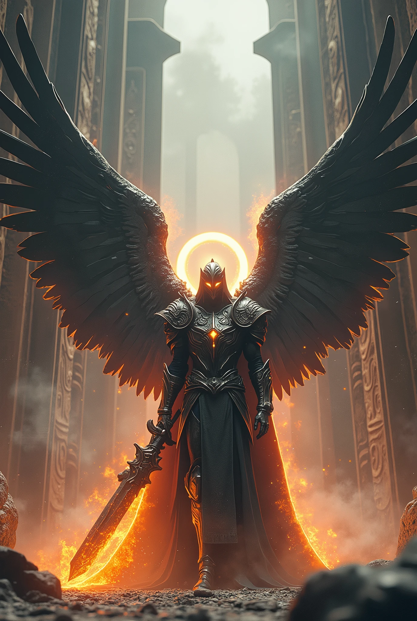 futuristic armored paladin with wings greatsword and dark flames and smoke around him with halo standing in front of temple, anatomically correct, retina, UHD, masterpiece, accurate, 8k, widescreen