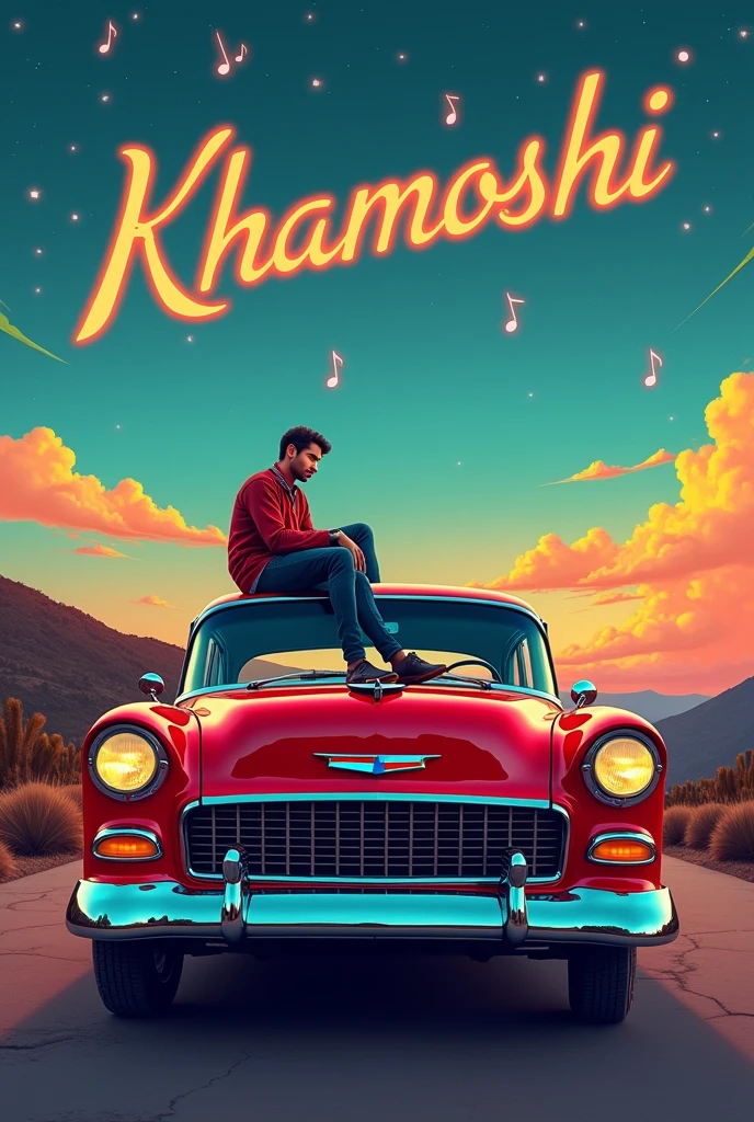 Make a music poster in vintage car theme and write khamoshi word with man seat on car Bonet