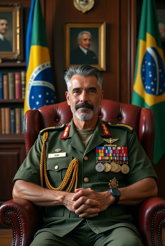 A realistic and detailed portrait of a Colonel of Roman descent in the Brazilian army, around 40 years old., He has a muscular and robust body., with black and gray military hair on the sides, and a thin scar on his face like a mark of bravery, he has a mustache. He is wearing a high-ranking olive green uniform of the Brazilian Army officer, adorned with medals and decorations. The background features an office of the Brazilian Army, with books and flags of Brazil and the Integralist Blue flag, on the wall there are also pictures of two Brazilian dictators Getulio Vargas and Medici. And it has a realistic coat of arms, which contributes to the atmosphere of authority and respect. The veteran is sitting in a comfortable armchair, exuding wisdom and strength, and looking like a respected and esteemed leader