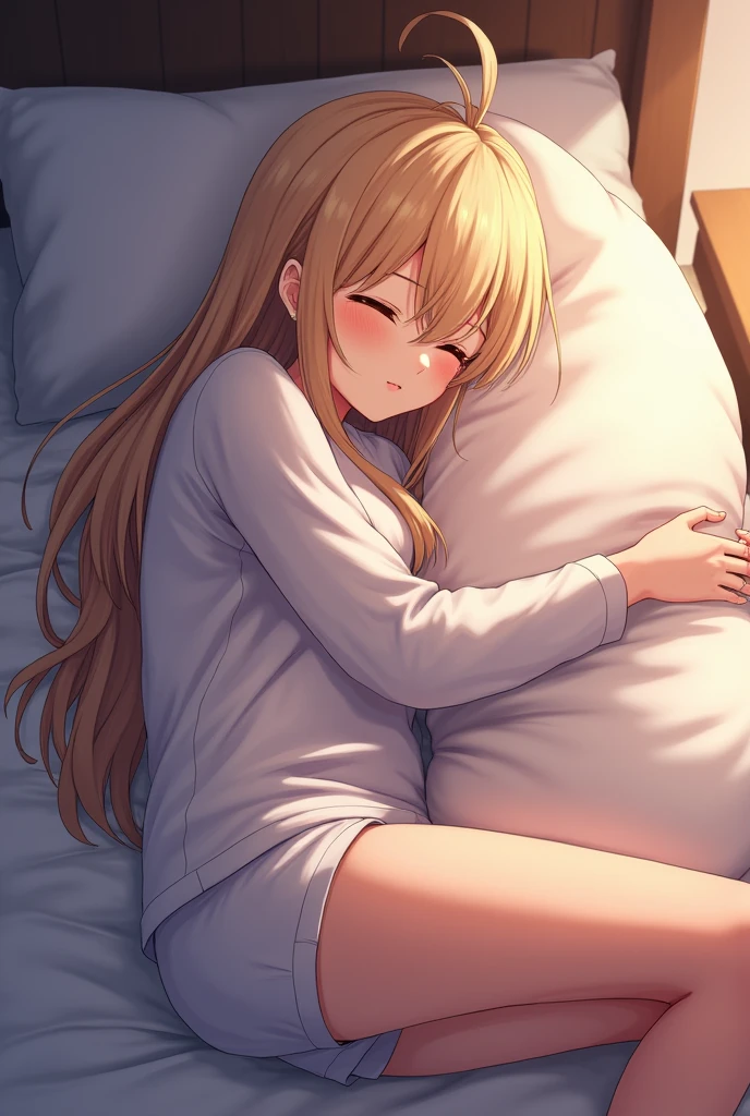 (masterpiece, Ultra_detailed), closed_eyes, Very сильно_detailed, ideal anatomy, ideal body, detailed beautiful face, реаsheetичный_Gentle_hands, close-up, зрелая женщиon, pillow_hug, closed_eyes, lying, from_higher, sleeping, sleep, body_pillow, on_стороon, deworld, Умирfromворенность, bed_sheet, blissful, female_expression, amazing_blissful_expression, on_onзад, from_higher, [detailed_blonde_hair, long_hair, Very_long_hair, two_стороon_up, detailed_eyelashes, mascara, glossy lips, small smile, world_skin, smooth_skin, soft_skin, small_breast, ideal_breast, round_breast, detailed_cloth, cosplay, пижамonя рубашка, pajama shorts, waist, small waist, gap between the thighs, wide hips], [[night, aesthetic, lens_Flash, glowing aura, tranquility, cosy, Умирfromворенность, blissful, Trepidation]], [[[With serene grace, she sleeps, clutching a long pillow that offers her solace]]], konjiki_No_Mio, masterpiece