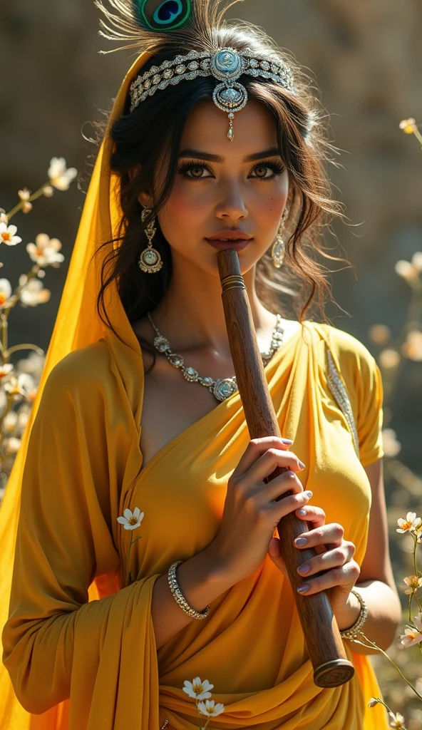 face and little brown diamond jewelry tanned skin arab hairs style Arabian figure eternal lady face lips bite tease hyperealism photorealistic 7k best background wallpaper makeup model style hairs Arabian makeup siren eyes queen sitting in royal castle. The background should be a magical swirl few dust small white amber blue flower with some trees is wearing a bright yellow smooth silk transparent sari and blouse and a silver tiara with a single peacock feather adorned in it, with divine attributes, holding wooden flute crafted. The background should be a magical swirl few dust small white amber blue flower with some trees, conveying a sense of peace and spirituality