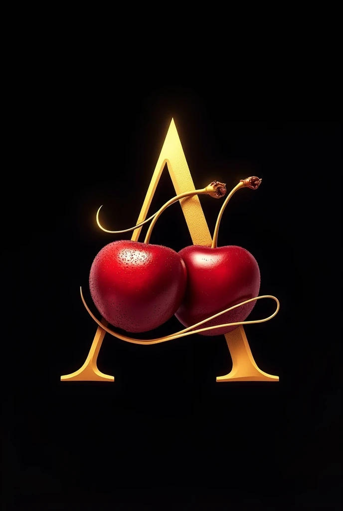 Create a golden cherry liqueur logo, with an A and a cherry. It should convey elegance and sophistication. O fundo deve ser preto.