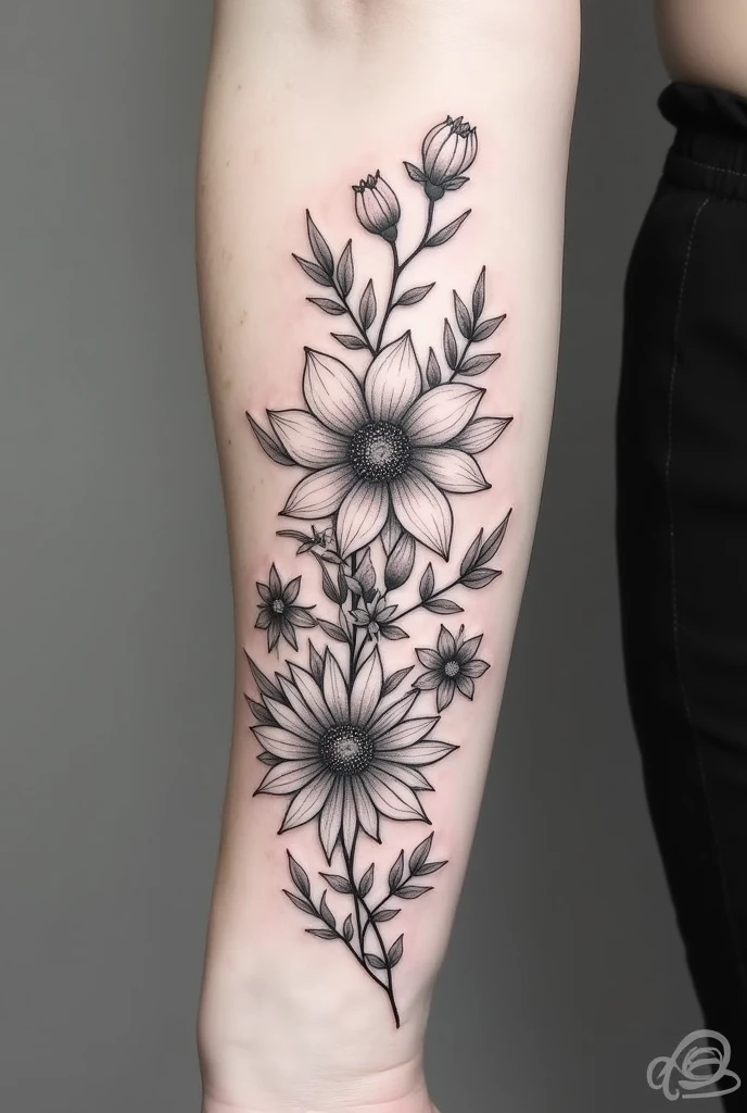 Un tatouage fin en noir et blanc représentant un bouqye composée des fleurs de naissance des mois de janvier, mai, juillet, novembre et décembre