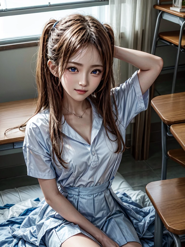 (8k, Highest quality, The pieces fly:1.2)、Ultra-high resolution、anime,1. Very cute,Asuka Langley,Highly detailed face, Fine grain,blue eyes,,White sailor collar plain short sleeve shirt,Light blue skirt,Light blue suspenders,uniform_Red ribbon,Orange Hair,Long Hair、Detailed hand and fingers,put your hands in your hair,Grin、sitting on desk,Shooting from above,classroom