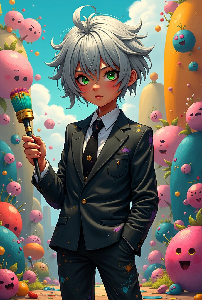 Short, gray hair Piercing green eyes 20 years old Damaged black suit Paint brush art null being the brown-skinned character less realistic style short hair inspired by the new super shock