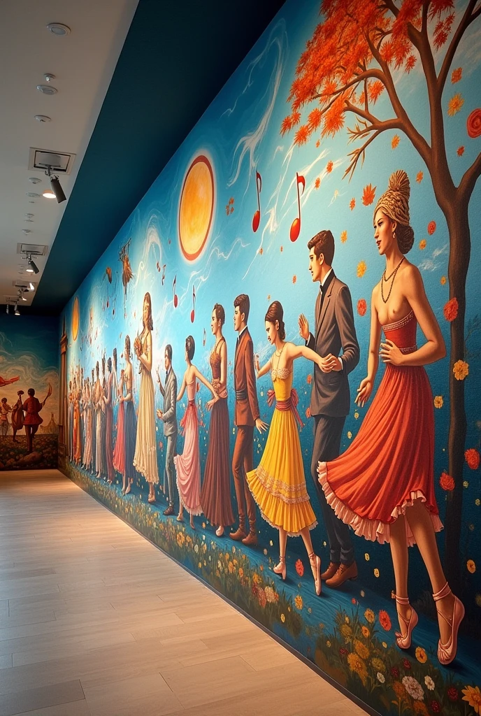 make me a drawing for a mural on a long wall, that there are drawings of art in general, meaning fine arts (mainly) music, theater, dance, folklore Q be as in the form of a succession of time
