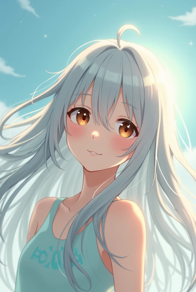 A teenager with long silver hair and expressive brown eyes ,against a light background