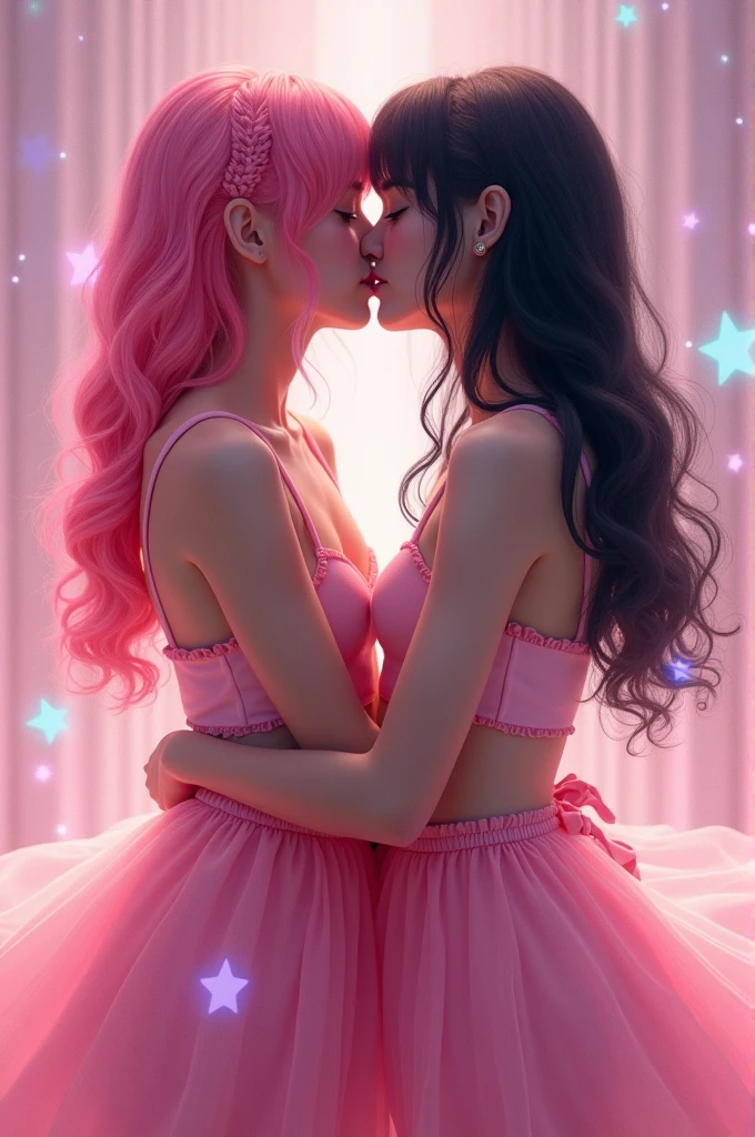 2 girls, , with pink and black hair and pink skirts, shirtless, braless hypnotized and kissing passionately