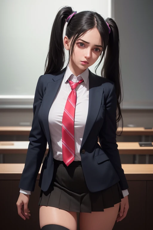 1girl, beautiful young woman, long black hair, twin tails, blue blazer uniform, tie, tight skirt, knee socks, standing in anatomy club room, gazing at viewer, sweet expression, human body drawings on blackboard, (best quality,4k,8k,highres,masterpiece:1.2),ultra-detailed,(realistic,photorealistic,photo-realistic:1.37),anatomy,scientific,precise,hyper-realistic,intricate details,vivid colors,cinematic lighting,volumetric lighting,depth of field,photo-realistic rendering