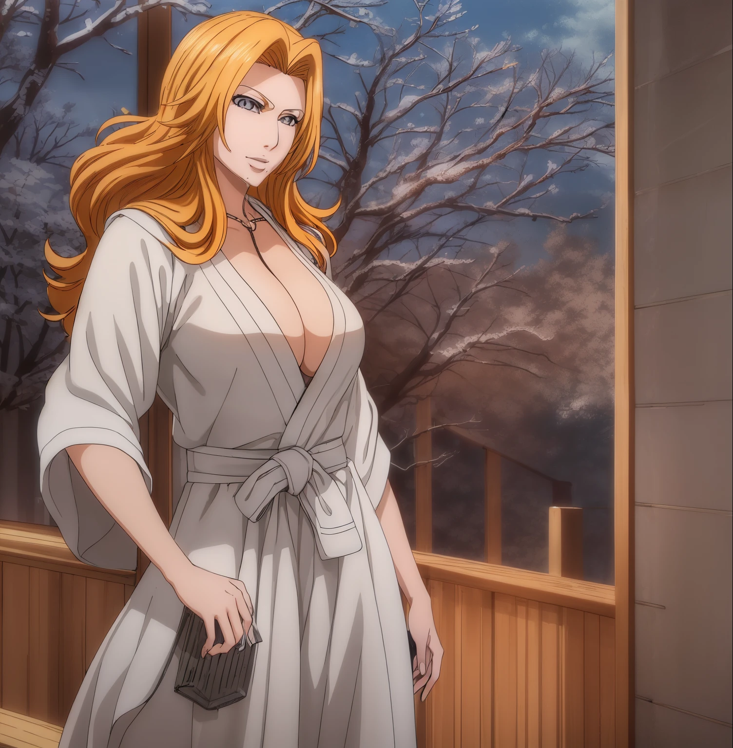1girl, alone, rangiku matsumoto, long hair, (grey eyes:1.5), orange hair, mole, mole under mouth, parted bangs, open mouth, smile, wearing White_kimono, indoors, classroom, looking at viewer, (cowboy shot:1.5),standing,pose, hand on hip, (masterpiece:1.2), best quality, high resolution, unity 8k wallpaper,NSFW ,(illustration:0.8), (beautiful detailed eyes:1.6), extremely detailed face, perfect lighting, extremely detailed CG, (perfect hands, perfect anatomy),standing: 1.3, (alone), looking forward, ((focus on breasts), point of view: (from Middle),