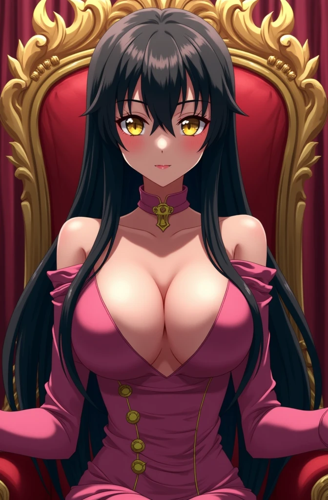 seductive smirk, maximum quality face, anime, colossal breasts, biggest breasts ever, gigantic breasts, vast breasts, anime girl, drawing, long hair, straight hair, black hair, 4k, sharp focus, smooth clean skin, regal, beautiful, cute, pretty, unrealistically massive mounds, 2D, perfect lips, beautiful eyes, seductive, cruel, mean, merciless, confident, evil smile, yellow eyes, detailed eyes, realistic hands, beautiful detailed lips, mean, cruel, dominant, anime, anime style, 2 dimensional, drawing, confident, happy to be in charge, bratty, evil, no morals, perfect, pretty, cute, long beautiful legs, huge ass, cruel queen, cruel smile, rich, wealthy, regal, mean