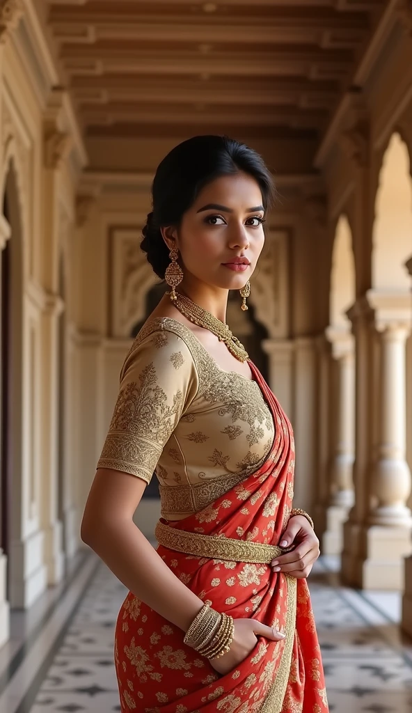 Create an image of a 26-year-old Indian woman wearing an elegant, traditional saree. The saree should be designed to accentuate a curvaceous figure with a fitted blouse that highlights her physique. The fabric should be rich and detailed, with intricate patterns or embroidery. The woman should have a confident and graceful pose, styled with traditional accessories such as jewelry and a well-done hairstyle. Ensure the setting complements the cultural and sophisticated look of the saree, with a high-resolution, professional style that emphasizes beauty and elegance."