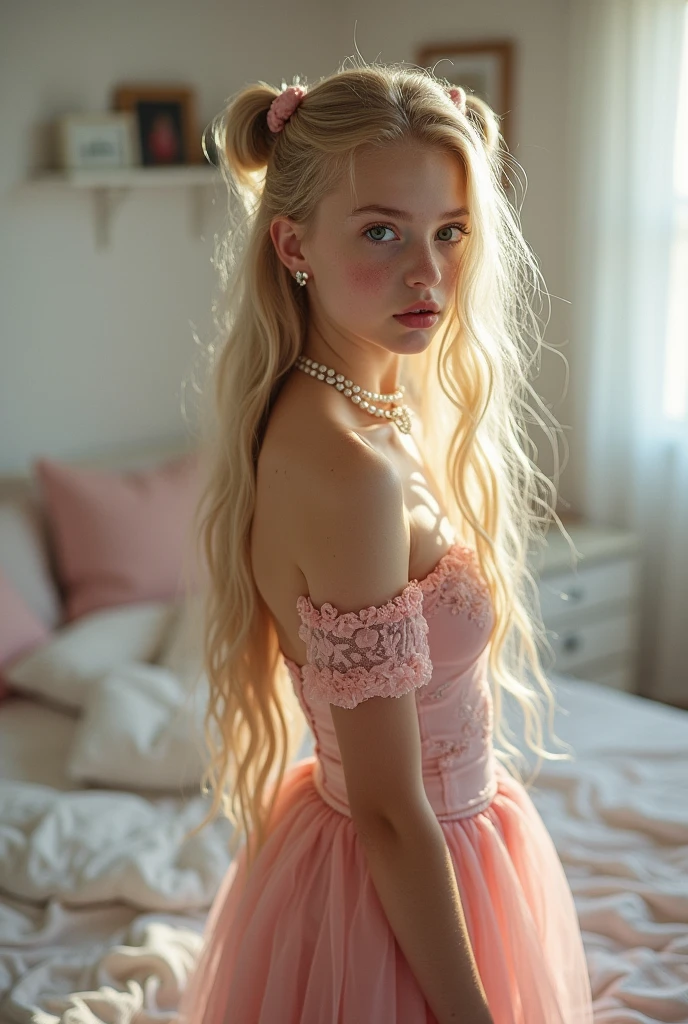 beautiful little 13 years old Russian girl long blonde hair tiny short transparent pink night gown, nice breasts, having sex with an older man in a bedroom
