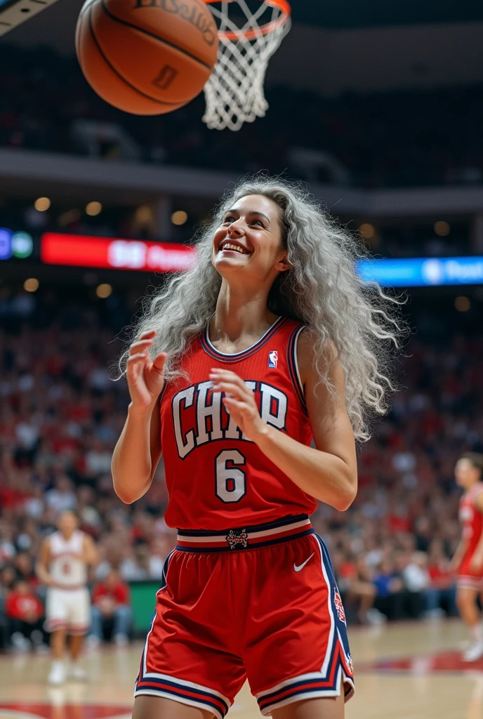 A beautiful youthful looking white American version of Ariana Grande as a 50 years old woman with very long hair completely gray hair in a long big curls styles as a retired
NBA player wearing her old NBA jersey shooting the ball in the basket in a nba stadium she is smiling for the camera