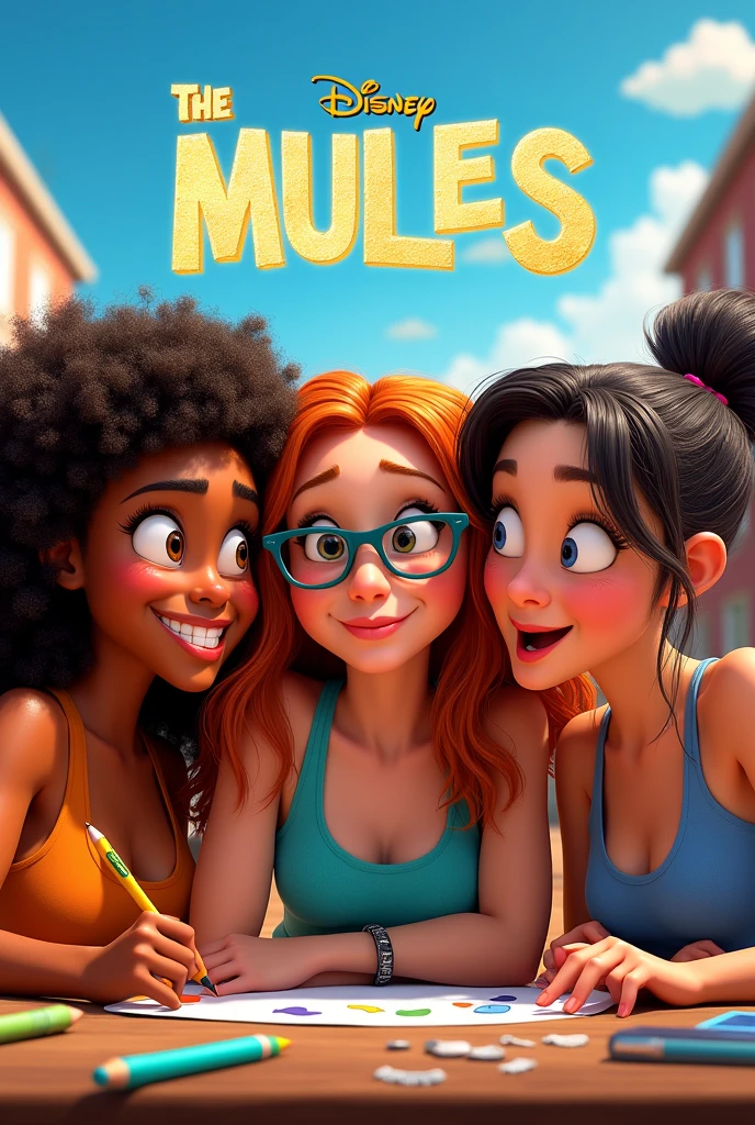 A movie poster, da Disney e Pixa, about three female students, one of them chubby, and they are talking bad about their teacher, The name of the film is "The mules". 
 Remember to make it look like a Disney poster, with the name of the movie, o nome da Disney e Pixa e etc...