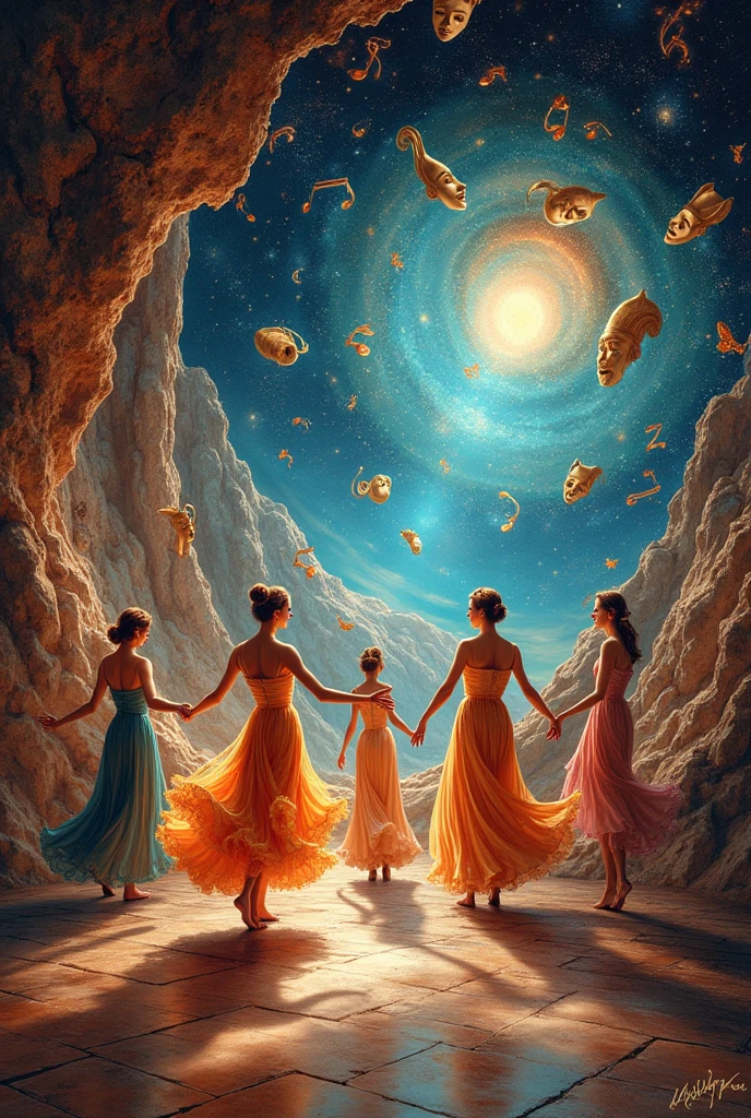 make me a drawing for a mural on a long wall, that there are drawings of art in general, meaning fine arts (mainly) music, theater, dance, folklore Q be as in the form of a succession of time