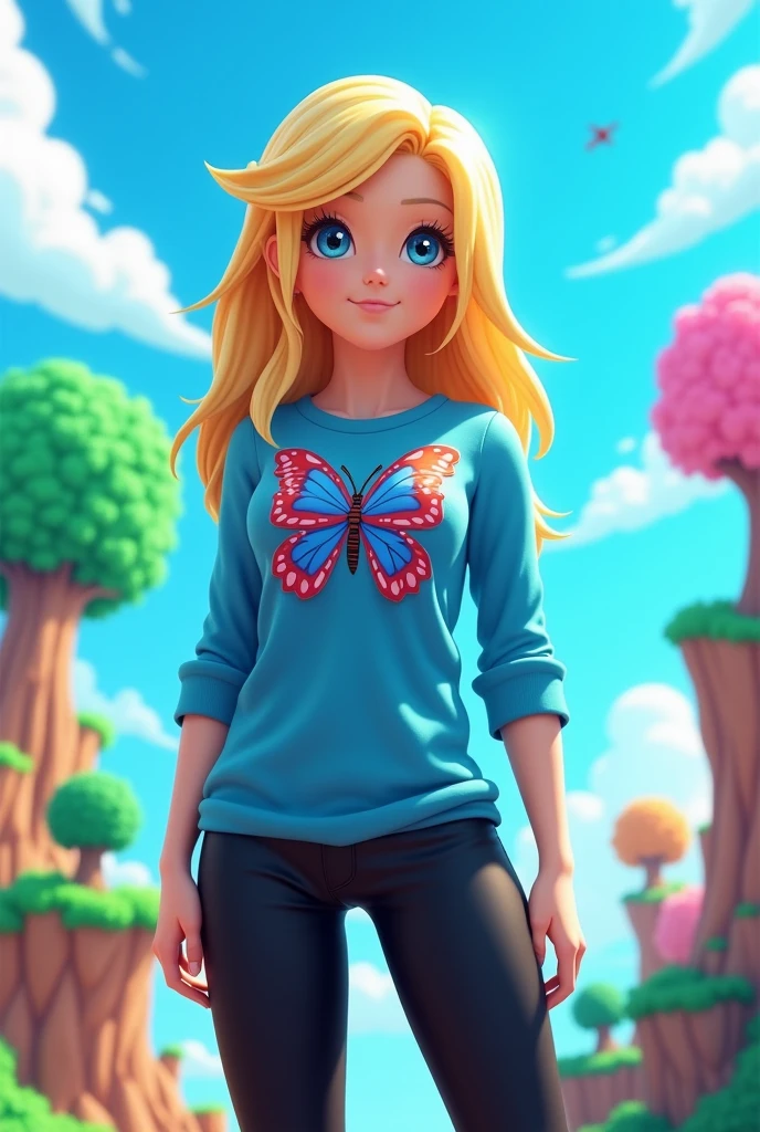 One from Roblox,blue butterfly shirt,blond hair,blue eyes, black pants