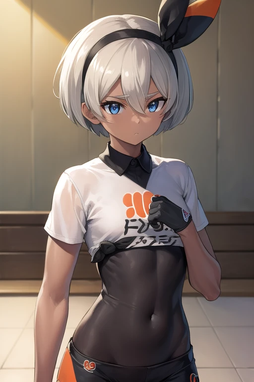 pokemonbea, pokemonbea, blue eyes, dark skin, dark-skinned female, grey hair, hair between eyes, short hair, ribbon, hair ribbon, hairband, black ribbon, black hairband,
BREAK (bodysuit:1.5), covered navel, shorts, single glove, glove, crop top, white crop top, short sleeves, collar, white shorts,
BREAK indoors, dojo,
BREAK looking at viewer, cowboy shot, (full body:1.5), (upper body:1.5),
BREAK (masterpiece:1.2), best quality, high resolution, unity 8k wallpaper, (illustration:0.8), (beautiful detailed eyes:1.6), extremely detailed face, perfect lighting, extremely detailed CG, (perfect hands, perfect anatomy), fighting stance