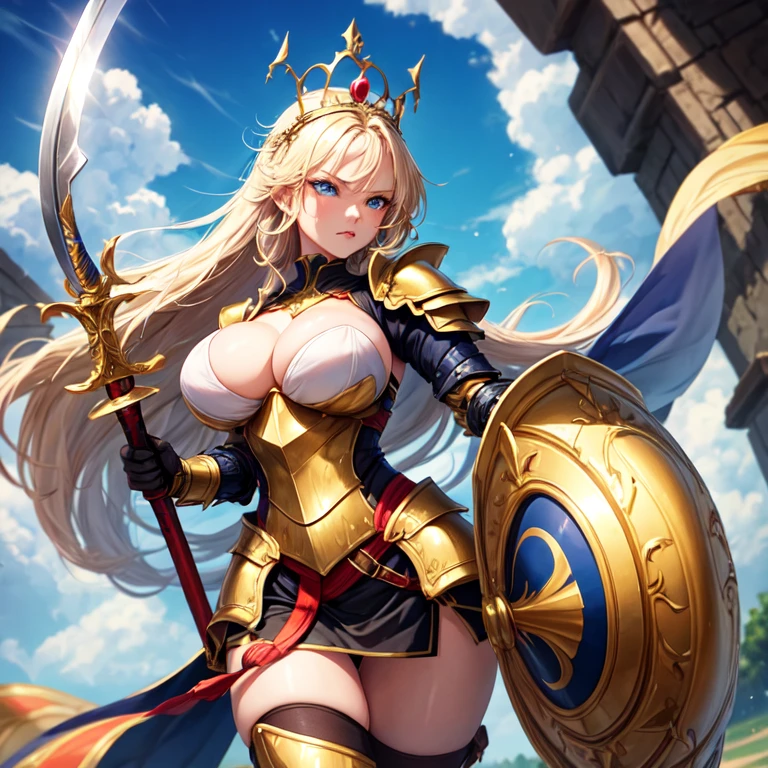 beautiful, A hot and fierce MILF with golden hair, blue eyes, and large breasts, fully clad in closed armor with a crown on her head, wielding a sword and shield.