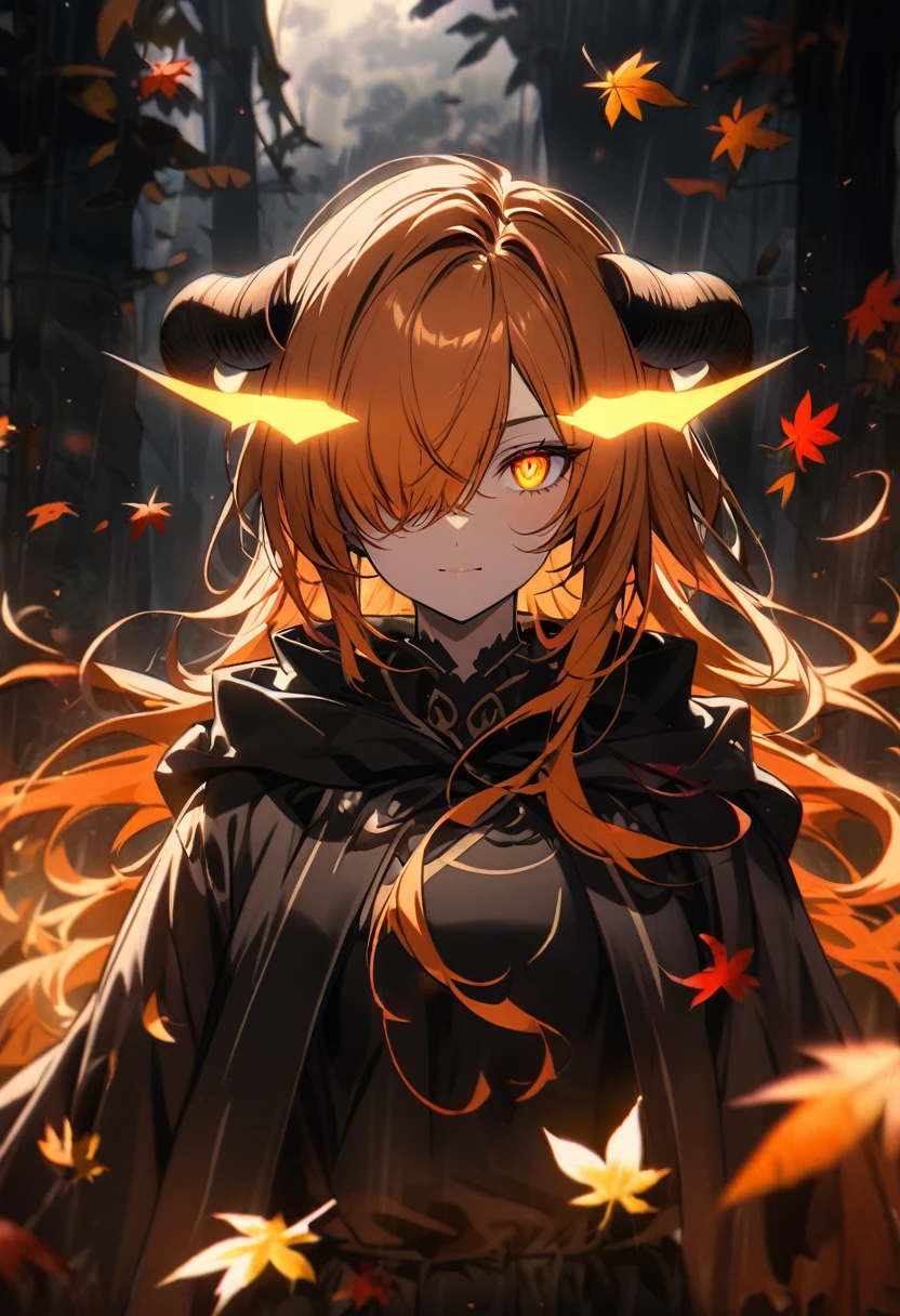 Orange hair, Orange eyes, hair over one eye, dark setting, light show, Bright autumn leaves 🍁 all around, glowing eyes, (2 demon horns, glowing horns, ethereal horns, energy horns)