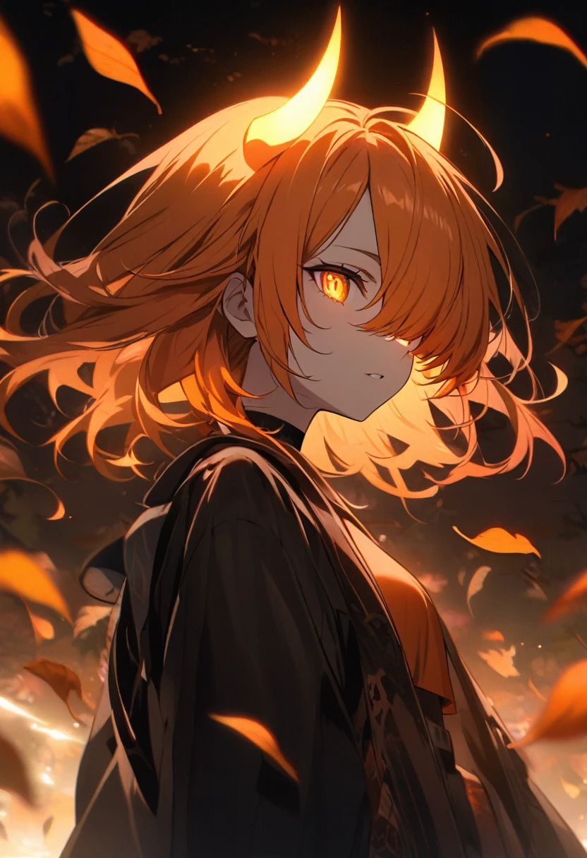 Orange hair, Orange eyes, hair over one eye, dark setting, light show, Bright autumn leaves 🍁 all around, glowing eyes, (2 demon horns, glowing horns, ethereal horns, energy horns)