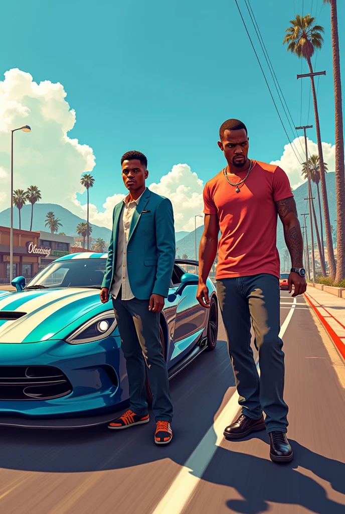 I'm making YouTube thumnail of gta 5 with his friends davis lamar and franklin make a hd quality thumnail with his car and give a graphic like Mr beast YouTube video thumnail
Make only two characters davis lamar and franklin and him face like GTA 5 game and also mention this is mission of gta 5 2nd mission car race with davis lamar VS franklin
