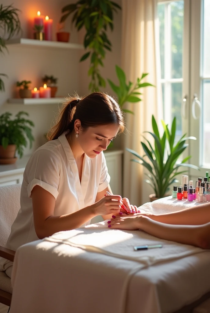 There is a woman getting a leg massage in the salon, professional, Paradise Garden Massage, medium shot, medium shot, author：Adam Malczynski, author：Kaeda tree, 🤬 🤮 💕 🎀, medium shot, illustration, author：Nando Katona, by Emma Andijewska, author：Luis Molinari, professional image
