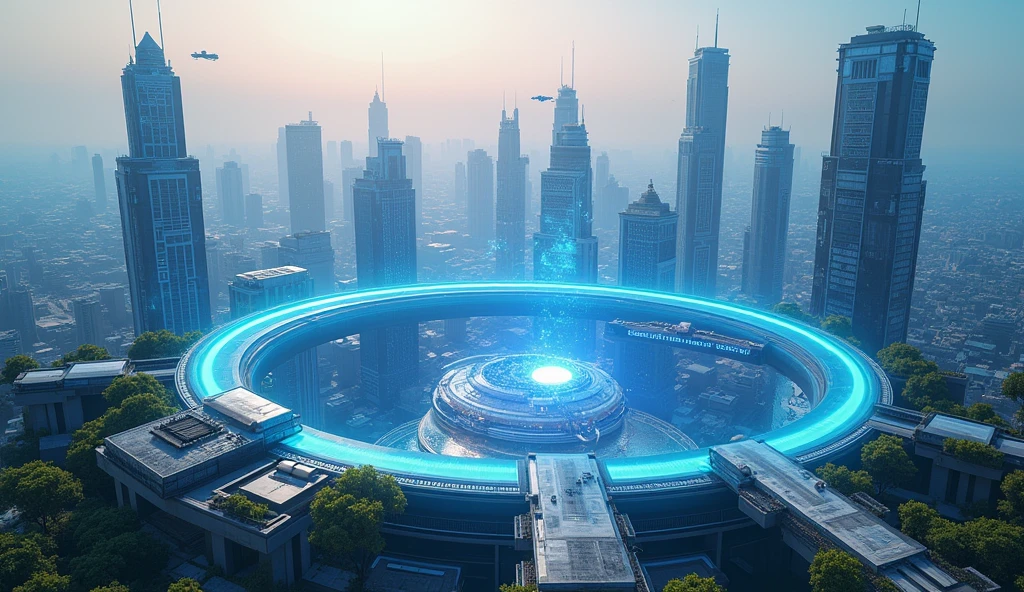 Modern futuristic city, seen from afar with walkways and floating platforms, completely surrounded by a semicircle, made of blue energy, like a force field.