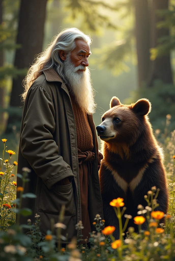 An elderly hybrid man with a spectacled bear