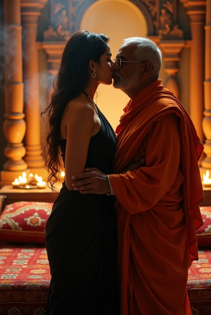 Young sexy girl, curvy hourglass body, wearing black saree, old Hindu pandit, kissing,on the bed in hindu temple.