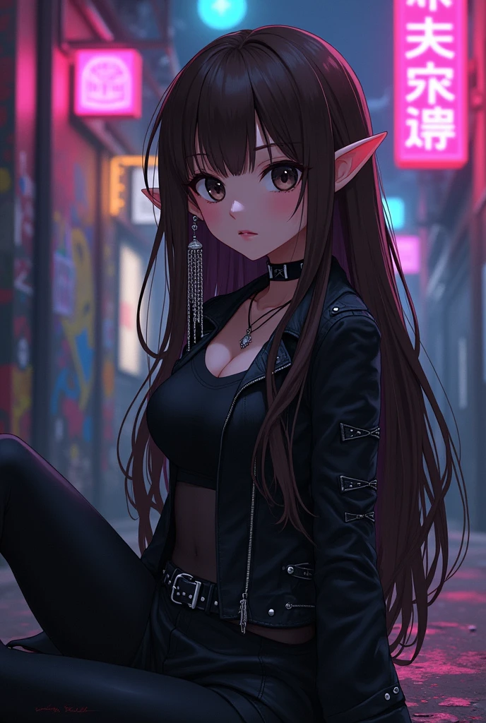 Anime female character with long brown hair, a bored expression, black eyes, and emo clothing with elf ears. She is wearing earrings with chains.