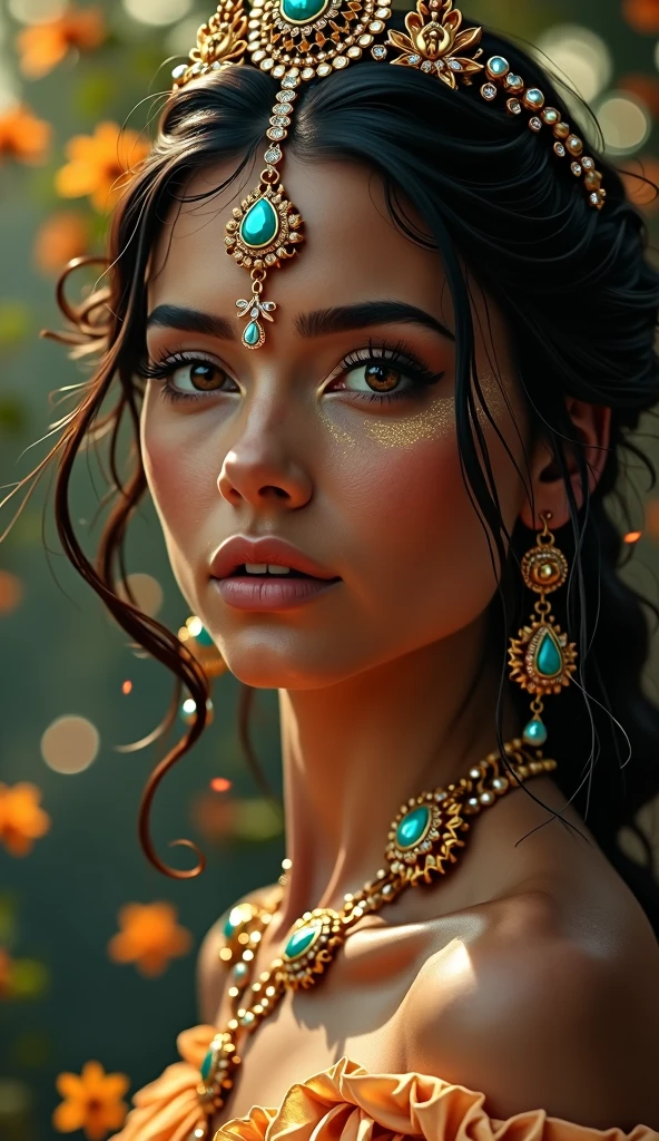 Full body pose golden rainbow tattoos on face and little brown diamond jewelry tanned skin arab hairs style Arabian figure eternal lady face lips bite tease hyperealism photorealistic 7k best background wallpaper makeup model style hairs Arabian makeup siren eyes arab bad tattoos of face tattoo queen sitting in royal castle. The background should be a magical swirl few dust small white amber blue flower with some trees, conveying a sense of peace and spirituality