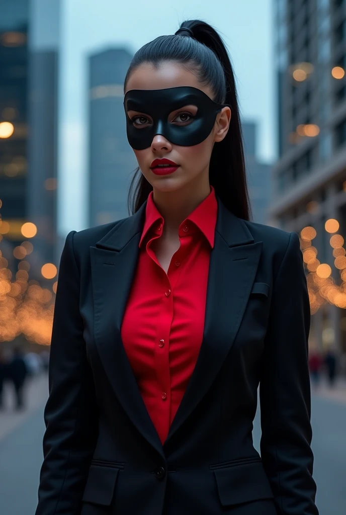 woman、Black Ponytail、Red shirt、Black suit jacket、Black Mask、