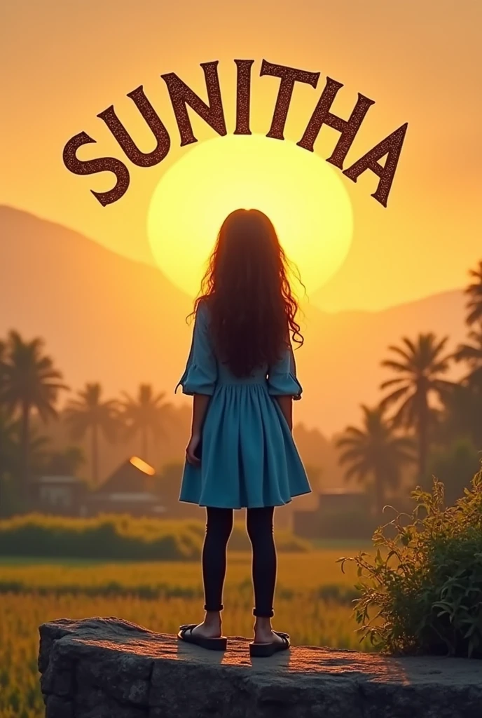 One girl age 18 , stand on stone wears metalic smart watch, folded her left hand only and leave her right hand freely wears blue colour dress and white colour legin pand and wears Black colour chappal and turns left side and sky in sunset mood,in background village and trees and crops and written Sunitha name on the sky at her background with gold metallic letters