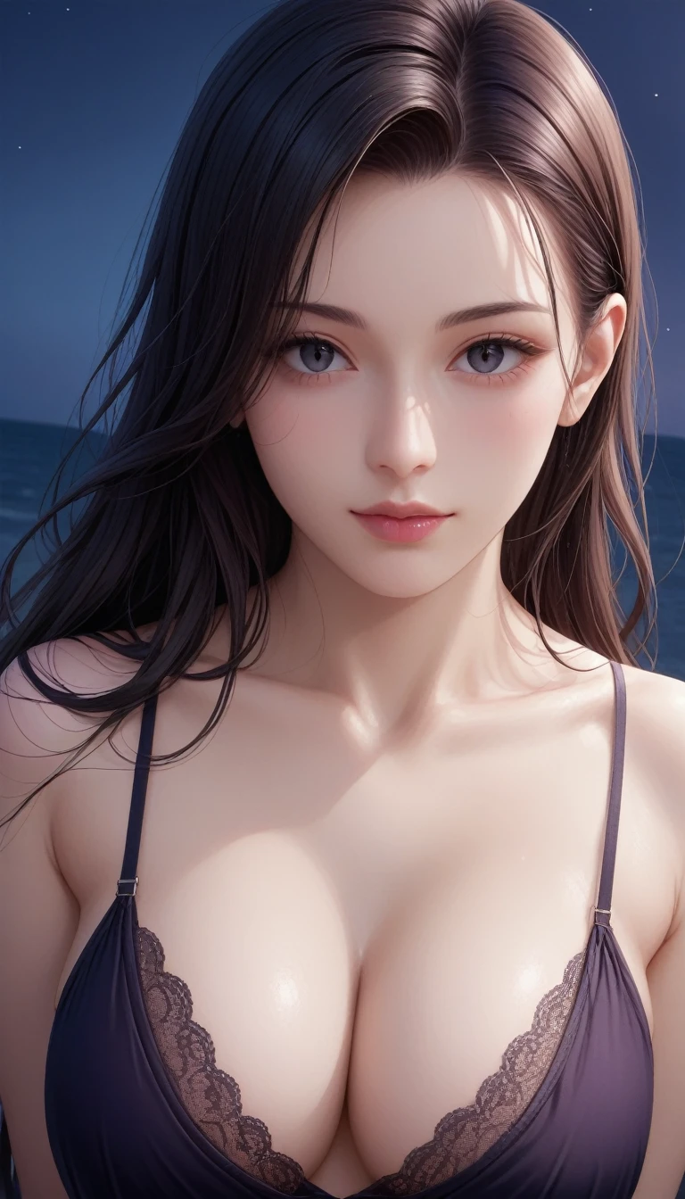 score_9, score_8_superior, score_7_superior, High-resolution 3DCG illustration,A masterpiece in 32K resolution,Highest quality,it is really amazing,Very detailed,Ultra-high resolution,Ultra-realistic,Realistic,Increased depth of field,Cinematic lighting,
Sexy mature Japan woman,
Glossy black hair,Wavy long hair,Showing his forehead,god々Beautiful,Ultra-detailed and beautiful face,Sensual look,Beautiful dark brown, moist eyes,Pitch black eyes,Glowing, moisturized skin,Translucent white skin,born々New skin texture,Great proportions,
Black camisole long dress,Black panties,
Wide open chest design,Deep slit showing the thighs,Detailed race decorations,詳細なborn地の質感,
A dark and blurry night background,Dark overcast sky on a dull night,Dark clouds filling the sky,Thundercloud,Coastline at night,Golden reflections on the sea surface,delay々A desolate sandy beach that continues,
Beautiful cleavage,Face close-up,High angle,
