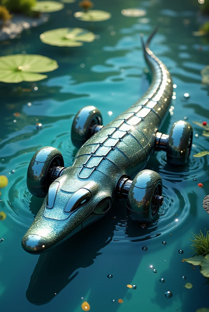 An e-crocodile bot that eats the water surface garbage and collects the garbage in its belly to tail that is netted, also its four legs are four propellers