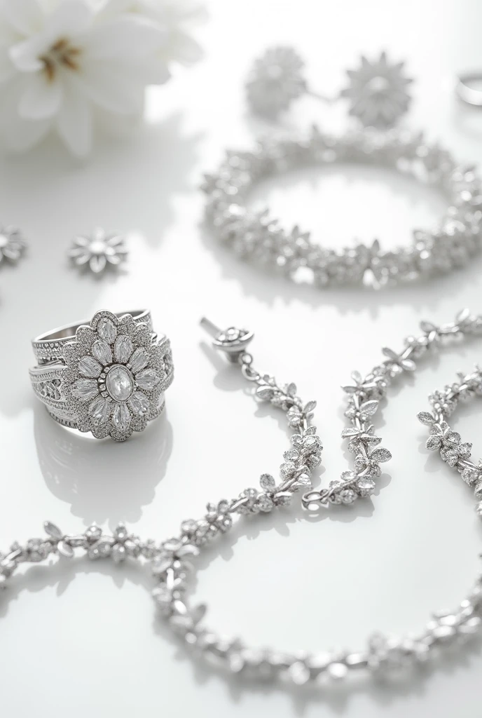 a white background image, to be used in a jewelry store banner.
put pictures of silver bracelets, silver rings earrings and necklaces