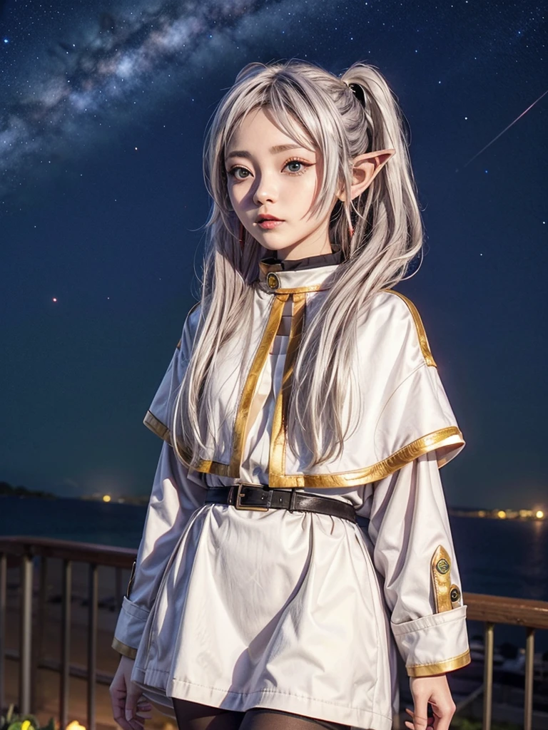 One person,alone,Fairy,Gray Hair, Grey Hair, Earrings, Pointed Ears, Long Hair, ponytail, Green Eyes, Twin tails, Parted bangs, Thick eyebrows,
Capelet with collar, White capelet, Striped shirt, Long sleeve,Striped, White Skirt,
pantyhose,
Night Sky, performer, Milky Way, milky way,