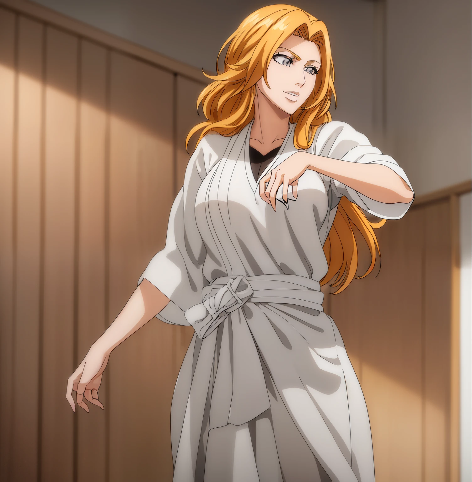 1girl, alone, rangiku matsumoto, long hair, (grey eyes:1.5), orange hair, mole, mole under mouth, parted bangs, open mouth, smile, wearing White_kimono, indoors, classroom, looking at viewer, (cowboy shot:1.5),standing,pose, hand on hip, (masterpiece:1.2), best quality, high resolution, unity 8k wallpaper,NSFW ,(illustration:0.8), (beautiful detailed eyes:1.6), extremely detailed face, perfect lighting, extremely detailed CG, (perfect hands, perfect anatomy),standing: 1.3, (alone), looking forward, ((focus on breasts), point of view: (from Middle),Full body