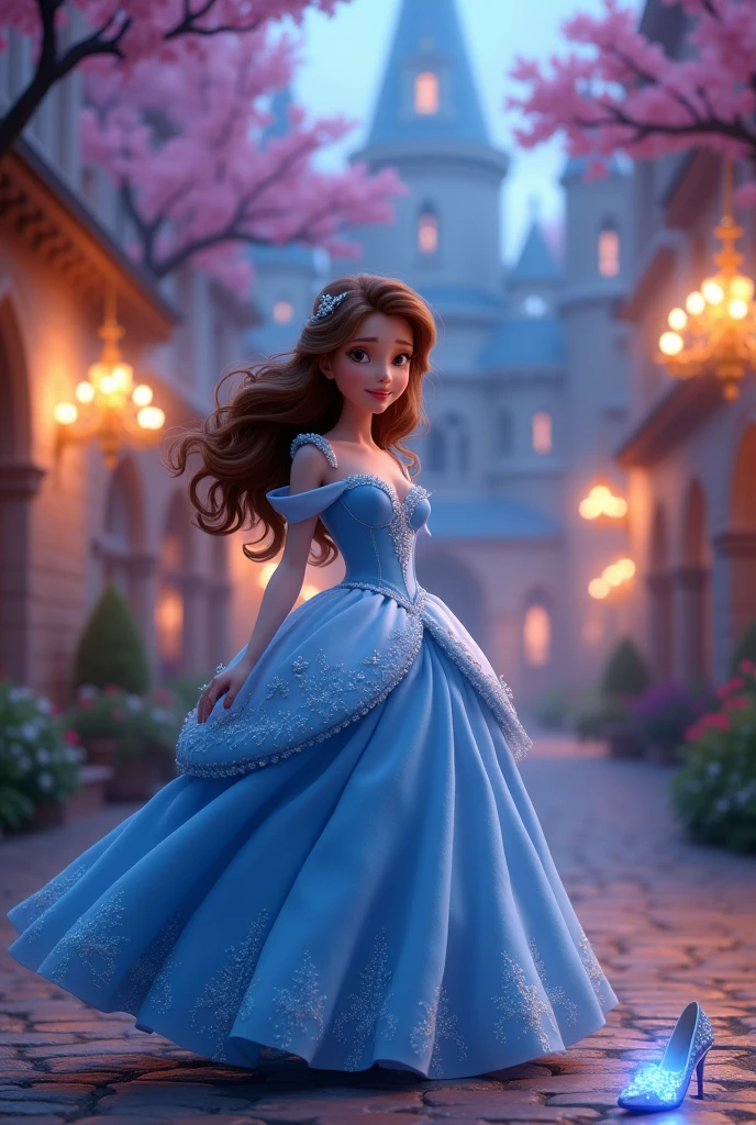 Cinderella princess in a blue dress, but let her be brunette with curly hair in the Disney Pixar style, Surprise me