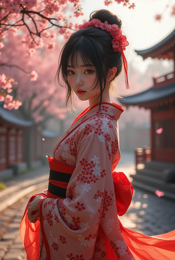 comely, work of art, best qualityer, extreme detailed face, perfect lighting, 1 girl, standing alone, matoi ryuuko, Japanese clothing, kimono, short kimono, cowboy shot