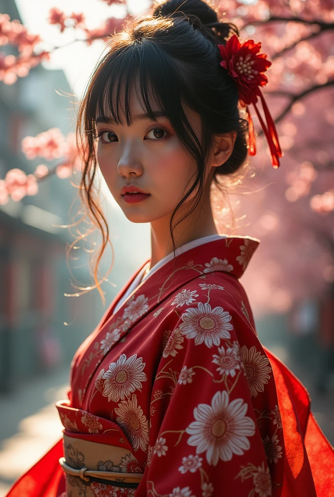 comely, work of art, best qualityer, extreme detailed face, perfect lighting, 1 girl, standing alone, matoi ryuuko, Japanese clothing, kimono, short kimono, cowboy shot