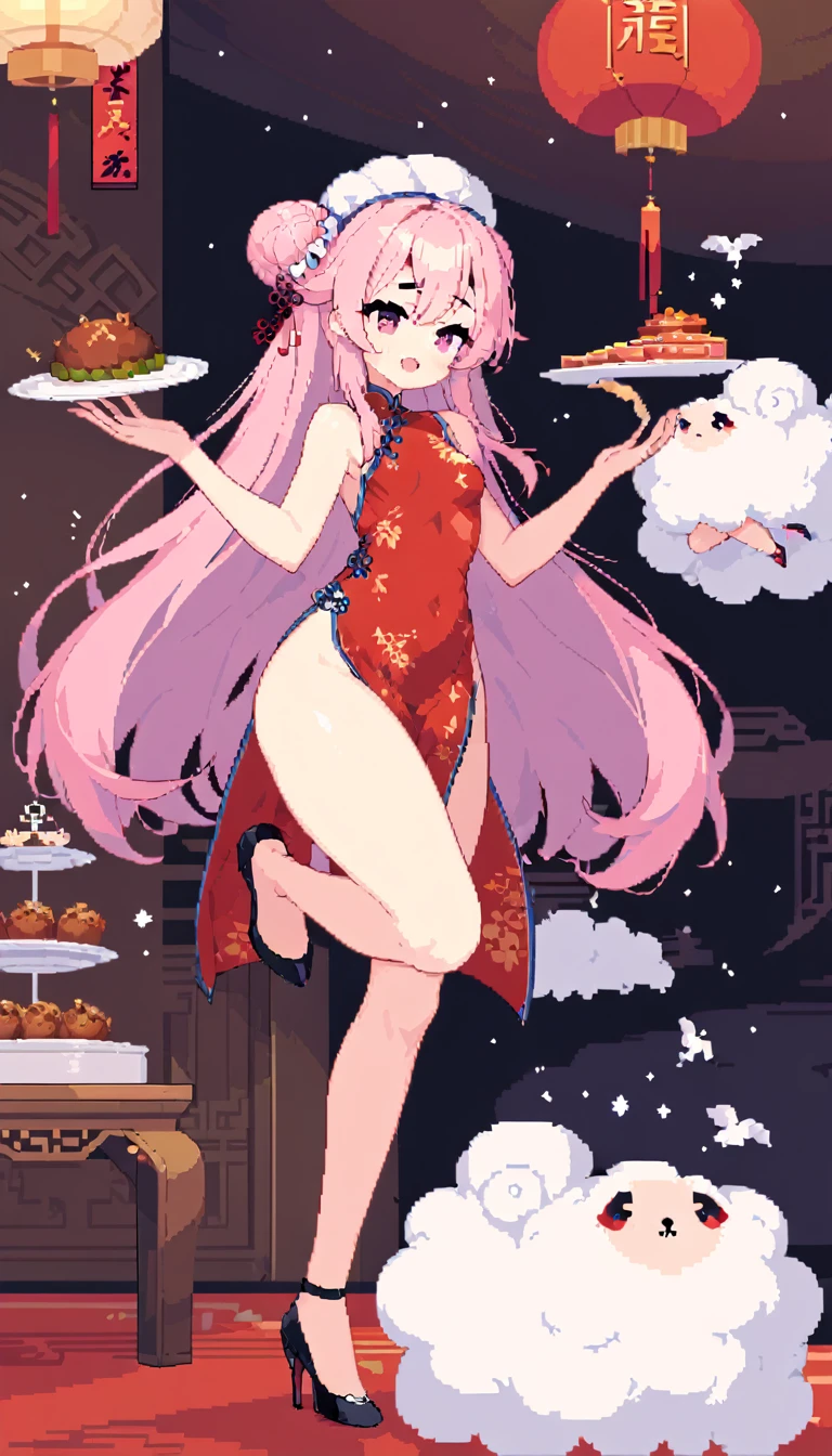 masterpiece, Highest quality, 8k, Pixel art, Pixel art, Vivid, ((1girl)), young woman, ((The plate is floating in the air, The plate falls out of my hand, The meat bun is floating in the air)), Panic, Sweating, cute, Turning at an angle, The sheep has its leg caught., Open your mouth, Fluffy hair, Long Hair, Hair like sheep's hair, Pink Hair, eyebrow, 太いeyebrow, China dress, Chignon Cap, High heels, (Highest quality:1.0), (China Hotel)