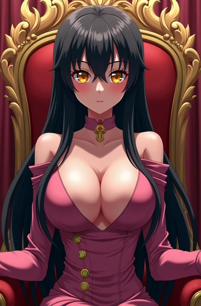 seductive smirk, maximum quality face, anime, colossal breasts, biggest breasts ever, gigantic breasts, vast breasts, anime girl, drawing, long hair, straight hair, black hair, 4k, sharp focus, smooth clean skin, regal, beautiful, cute, pretty, unrealistically massive mounds, 2D, perfect lips, beautiful eyes, seductive, cruel, mean, merciless, confident, evil smile, yellow eyes, detailed eyes, realistic hands, beautiful detailed lips, mean, cruel, dominant, anime, anime style, 2 dimensional, drawing, confident, happy to be in charge, bratty, evil, no morals, perfect, pretty, cute, long beautiful legs, huge ass, cruel queen, cruel smile, rich, wealthy, regal, mean