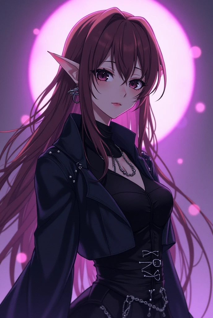 Anime female character with long brown hair, bored expression, black eyes, and emo clothing with elf ears on her ear, against a purple background.