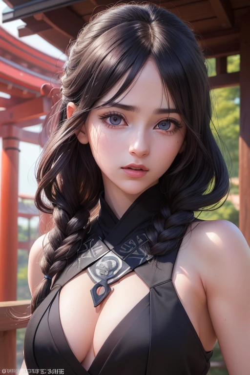realistic portrait of Hinata Hyuuga, 18 years old, Hyuuga clan ninja from Naruto Shippuden, beautiful detailed eyes, beautiful detailed lips, extremely detailed eyes and face, long eyelashes, elegant hairstyle, detailed ninja outfit, intricate leaf village symbol, dynamic ninja pose, detailed background with traditional japanese architecture, cinematic lighting, vivid colors, photorealistic, (best quality,4k,8k,highres,masterpiece:1.2),ultra-detailed,(realistic,photorealistic,photo-realistic:1.37)
