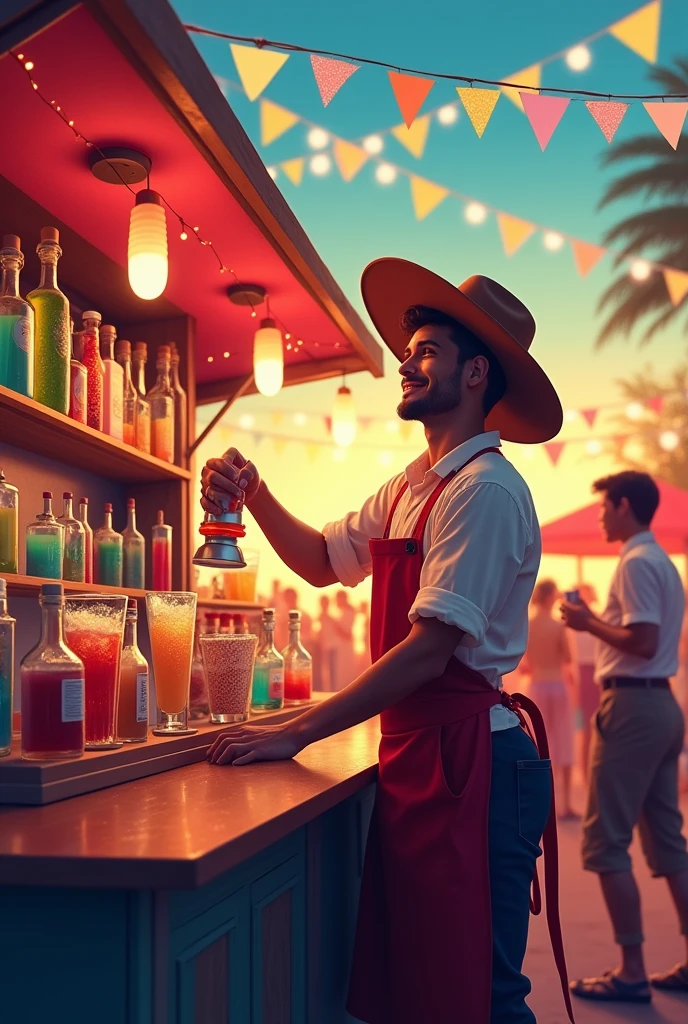 Mobile beverage bar with a bartender serving