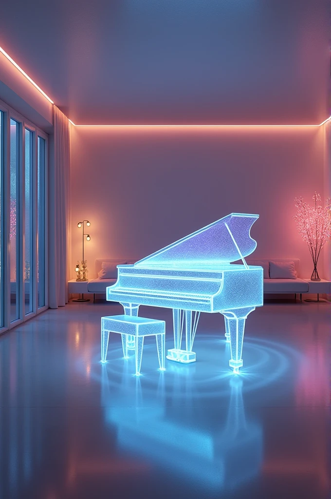 A room with a holographic piano in the middle
