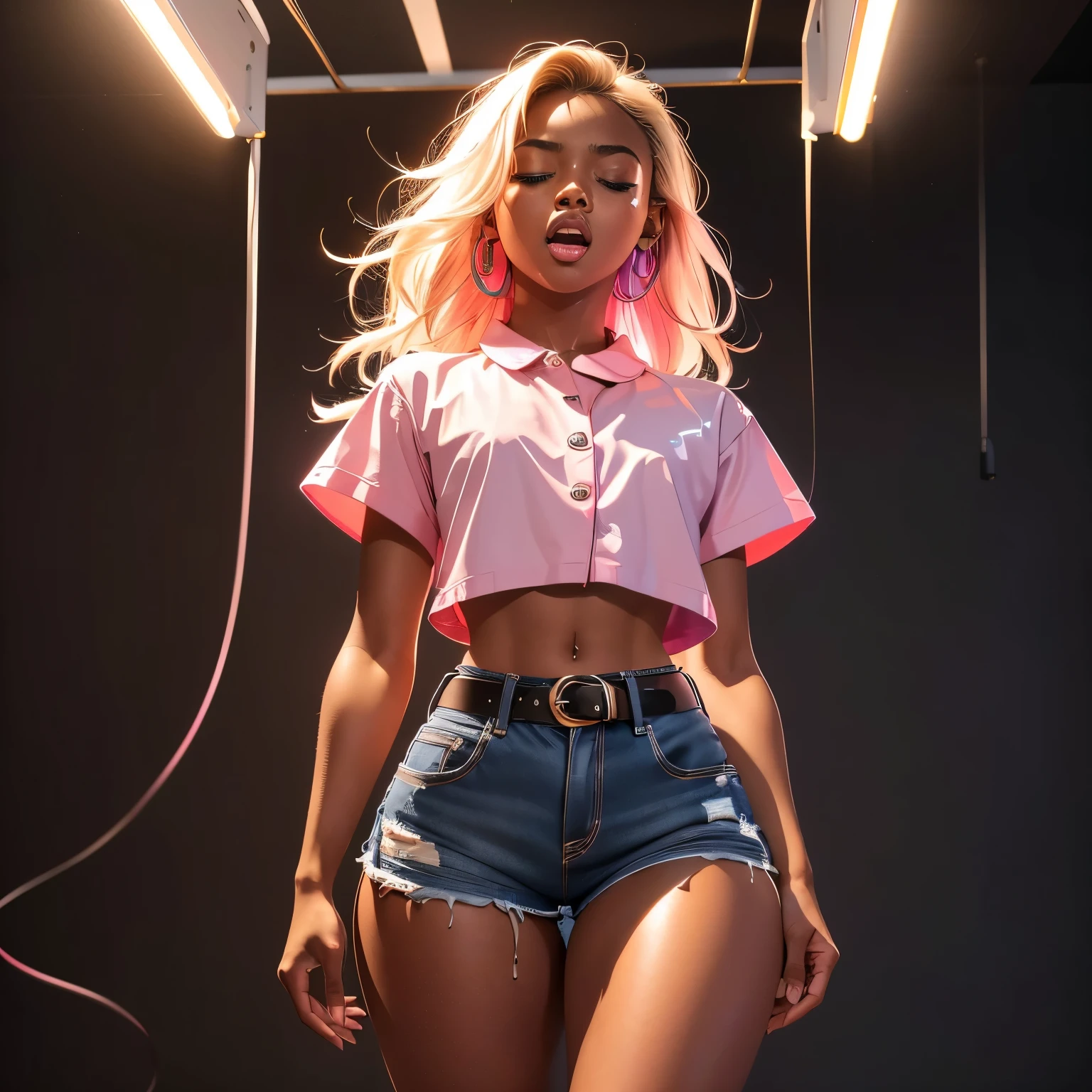 in laboratory, (18 years old), (dark skin), dark skin, wide shot, blond hair, orgasm, (white button down top, pink shorts with belt), (Masterpiece, Professional lighting, 16k, 8k wallpaper, raw photo, photorealistic:1.8, ultra detailed, natural lighting, detailed skin sexy pose, open mouth, big lips, night time, eyes closed, magic energy, neon light, orgasm, screaming, narrow shoulders, thick thighs 