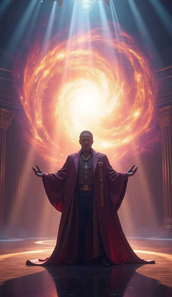 to create a realistic communicator mage who looks like Silvio Santos with a very large lapel microphone on a stage, to convey depth and effects of light from a spiritual portal